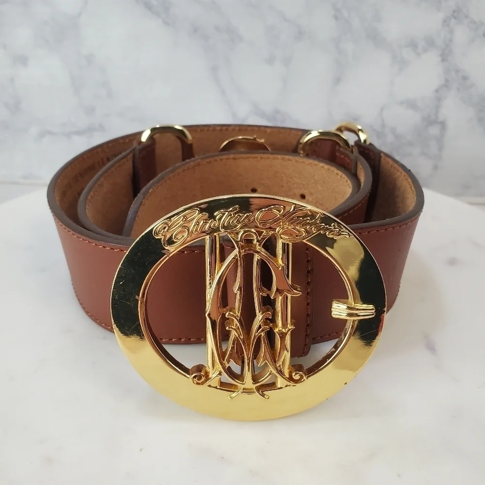 Christian Audigier Small Brown Leather Belt Skulls Roses Gold Halloween 90s Rare